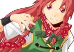  absurdres alternate_eye_color bow braid earrings hair_bow highres hong_meiling jewelry long_hair no_hat no_headwear red_eyes red_hair redhead scarf smile solo touhou twin_braids wristband 