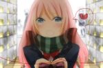  blue_eyes blush bow close gift heart holding megurine_luka open_mouth pink_hair scarf valentine vocaloid 