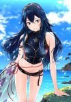  1girl alternate_costume ameno_(a_meno0) bangs bare_shoulders blue_eyes blue_hair blue_sky blush breasts clouds day fire_emblem fire_emblem_awakening grass hair_between_eyes holding holding_innertube innertube long_hair looking_at_viewer lucina_(fire_emblem) medium_breasts midriff navel ocean official_alternate_costume outdoors parted_lips rock short_shorts shorts sky sleeveless smile solo stomach swimsuit symbol-shaped_pupils teeth tiara water wet wet_hair 