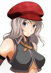  arisa_iriinchina_amieera armpits bare_shoulders blue_eyes breasts bust face glaring god_eater god_eater_burst grey_hair hat mirai_denki solo underboob 