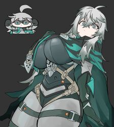  1girl :/ ahoge antenna_hair armored_bodysuit bamman belt black_background black_bodysuit bodysuit breasts cape chibi chibi_inset crossed_bangs double-parted_bangs dutch_angle from_below gloves green_cape green_gloves grey_hair grey_pantyhose hand_up highres huge_breasts long_bangs long_hair long_sleeves looking_at_viewer looking_down messy_hair multiple_thigh_straps no_sclera original pantyhose plump simple_background single_sidelock skindentation solo spiky_hair thick_thighs thigh_belt thigh_strap thighs too_many too_many_belts unkempt wide_hips 