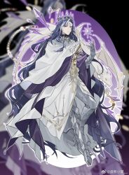  1boy aiguillette armor beads black_background blue_eyes blue_hair chinese_commentary clarence_clayden clarence_clayden_(god_forsaken_land) clawed_gauntlets cloak crescent crescent_facial_mark cuisses curtained_hair dragon expressionless facial_mark forehead_mark full_body gem gorget gradient_background greaves hand_up highres long_hair looking_at_viewer lovebrush_chronicles male_focus mole mole_under_eye multicolored_hair object_floating_above_hand parted_lips pointed_crown poleyn purple_background purple_cloak purple_gem robe sabaton solo standing star_(symbol) streaked_hair two-sided_cloak two-sided_fabric very_long_hair watermark wavy_hair weibo_watermark western_dragon white_cloak white_robe white_streaks xuwu_xiao_mao zoom_layer 