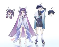  1boy 1girl absurdres ahoge anemo_symbol_(genshin_impact) arm_behind_back arm_behind_head arm_ribbon arm_up armor artist_name belt black_belt black_bodysuit black_bow black_hair black_sandals black_shorts blue_cape blue_gem blue_hair blue_kimono blue_sleeves blunt_ends blunt_tresses bodysuit bow bowtie bridal_gauntlets cape choppy_bangs clenched_hand closed_eyes closed_mouth colored_inner_hair columbina_(genshin_impact) crescent crescent_facial_mark disembodied_head dress eyelashes facial_mark facing_viewer feathered_wings feathers forehead_mark full_body furisode gem genshin_impact gold hair_ornament hair_ribbon hand_on_own_hip hand_up highres japanese_armor japanese_clothes juban kimono kote kurokote lacycoffinn large_bow layered_sleeves leg_warmers long_hair looking_at_viewer mandarin_collar mole mole_under_eye multicolored_hair multiple_wings open_clothes open_kimono open_mouth pink_hair pom_pom_(clothes) purple_rope purple_sash reflective_floor ribbon rope sandals sash scaramouche_(genshin_impact) short_sleeves shorts side_cape standing tachi-e tassel toes tongue tress_ribbon very_long_hair violet_eyes vision_(genshin_impact) wanderer_(genshin_impact) white_background white_bow white_bowtie white_dress white_kimono white_leg_warmers white_ribbon white_sleeves white_trim white_wings wing_hair_ornament wings wrist_bow yellow_feathers zouri 