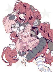  1girl animal_on_back arm_up black_skirt braid braided_twintails cardigan chest_bow collar collarbone feet_out_of_frame green_eyes hair_ornament hair_ribbon hearing_aid highres kamanosuke_(zenless_zone_zero) long_hair looking_at_viewer open_mouth pink_cardigan raccoon red_hair ribbon skirt sphere_hair_ornament star_(symbol) tanuki ukinami_yuzuha white_background white_ribbon xjgfhvg zenless_zone_zero 