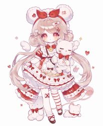  1girl :o absurdres anger_vein animal_ears asymmetrical_legwear bear_ears bloomers bow bowtie brown_hair chibi collar detached_wings dongnanbeixigua double_bun dress fake_animal_ears frilled_dress frilled_sleeves frills full_body hair_bow hair_bun hair_ornament hair_ribbon hairband hairclip heart heart_hair_ornament highres holding holding_stuffed_toy long_hair looking_at_viewer low_twintails original parted_lips puffy_short_sleeves puffy_sleeves red_bow red_bowtie red_dress red_eyes red_ribbon ribbon shoes short_sleeves simple_background single_thighhigh skirt_hold solo sparkle striped_clothes striped_thighhighs stuffed_animal stuffed_toy teddy_bear thigh-highs twintails very_long_hair watermark white_background white_bloomers white_collar white_wings wings 