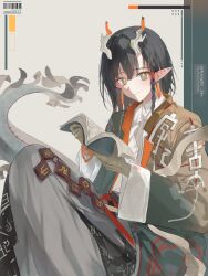  1girl absurdres arknights black_hair book braid brown_coat brown_eyes coat commentary dragon_girl dragon_horns dragon_tail english_text engrish_text eyeshadow feet_out_of_frame highres holding holding_book horns jie_(arknights) knees_up long_sleeves looking_at_viewer makeup open_book pants pointy_ears ranguage red_eyeshadow shirt short_hair smile solo tail white_pants white_shirt yellow_pupils zapik 