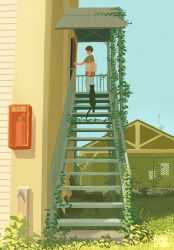  1boy animal bag black_cat black_hair blue_sky building cat chain-link_fence commentary corrugated_galvanized_iron_sheet door english_commentary faucet fence fire_extinguisher from_side grass highres no_lineart opening_door original plant railing scenery short_hair sky slice_of_life stairs taizo_(taizo_03) vines wide_shot 