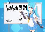  ahoge bili_bili_douga blue_hair cat fingerless_gloves gloves hao_(patinnko) headphones necktie patinnko red_eyes short_hair skirt solo thighhighs whiteboard 