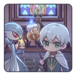  1boy 1other alternate_color border candle cape commentary_request double-parted_bangs folialeave gardevoir green_eyes green_robe grey_hair hair_between_eyes holding holding_candle holding_staff indoors litwick looking_at_viewer octopath_traveler octopath_traveler_ii pokemon pokemon_(creature) red_eyes robe shiny_pokemon short_hair staff stained_glass temenos_mistral watermark white_border white_cape 