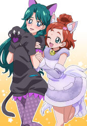  2girls animal_ears animal_hands arm_warmers bell black_choker black_dress blue_eyes blue_hair blush brown_hair cat_ears cat_paws choker commentary dog_ears dog_tail dress fake_animal_ears gloves go!_princess_precure grey_arm_warmers grey_dress grey_pantyhose grey_shoes hand_on_another's_arm haruno_haruka highres hug hug_from_behind kaidou_minami legs_up long_hair looking_at_another looking_back multiple_girls neck_bell one_eye_closed one_side_up open_mouth orange_background outline pantyhose paw_gloves paw_print paw_shoes precure print_pantyhose shoes short_dress short_hair short_sleeves sleeveless sleeveless_dress smile standing standing_on_one_leg star_(symbol) sweatdrop tail tonbi white_outline 
