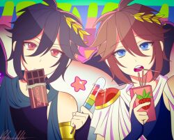 2boys ahoge blue_eyes candy chocolate chocolate_bar dark_pit food food_in_mouth holding holding_food holding_popsicle kid_icarus kid_icarus_uprising laurel_crown lia_(mkxd4227) male_focus multiple_boys open_mouth pit_(kid_icarus) pocky pocky_in_mouth pocky_strawberry popsicle red_eyes signature sparkle star_(symbol) 