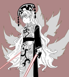  1girl absurdres brown_background closed_mouth commentary dalachi_(headdress) dress dual_wielding energy_sword energy_tail fox_tail greyscale_with_colored_background highres holding junko_(touhou) lightsaber long_hair long_sleeves looking_at_viewer ma_(22mabo) multiple_tails neck_ribbon phoenix_print pom_pom_(clothes) red_lightsaber ribbon simple_background solo star_wars sword tabard tail touhou very_long_hair weapon 