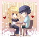  androgynous black_hair blonde_hair blush casual chair charlotte_dunois chibi chopsticks closed_eyes eating eyes_closed feeding heart infinite_stratos long_hair orimura_ichika purple_eyes reverse_trap shorts sitting table tomboy violet_eyes 