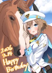  1girl acht_augen animal_ears belt blush breasts brown_hair cheval_grand_(racehorse) cheval_grand_(umamusume) creature_and_personification dated happy_birthday hat horse horse_ears horse_girl horse_tail looking_at_viewer medium_breasts medium_hair personification shorts sky solo tail umamusume 