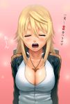  breasts charlotte_dunois cleavage closed_eyes eyes_closed highres infinite_stratos jewelry large_breasts lasterk open_mouth pendant raglan_sleeves solo track_jacket translated 