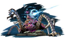  absurdres alpha_transparency blue_background blue_eyes faux_traditional_media full_body glowing guardian_(zelda) highres incredibly_absurdres laser looking_afar mecha neon_trim no_humans no_lineart non-humanoid_robot official_art one-eyed powering_up robot rubble solo takumi_wada the_legend_of_zelda the_legend_of_zelda:_breath_of_the_wild third-party_source walker_(robot) 