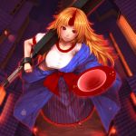  bear blonde_hair breasts club dish flying highres horn horns hoshiguma_yuugi kanabou large_breasts long_hair looking_up oni panties purple_panties red_eyes sakazuki sake see-through shackle smile solo star symbol-shaped_pupils touhou tro underwear weapon when_you_see_it 