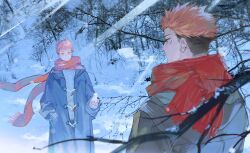  2boys bare_tree black_hair chinese_commentary coat commentary_request duffel_coat ear_piercing earrings floating_scarf highres holding_snowman hood hooded_coat itadori_yuuji jewelry jujutsu_kaisen looking_at_another male_focus mini_snowman multicolored_hair multiple_boys piercing pink_hair red_eyes red_scarf ryoumen_sukuna_(jujutsu_kaisen) scarf snow sweater tree tuuu06167427 two-tone_hair undercut 
