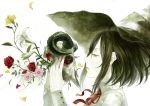  black_hair blue_eyes cuffs face flower hat holding horns kunimura_hakushi lily_(flower) nail_polish original pale_skin parted_lips petals profile red_rose ribbon rose short_hair simple_background skull sleeve_cuffs solo white_background witch_hat 