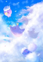  blue_sky blush closed_eyes clouds ditto drifloon flying highres holding jumpluff natu_a0z0ra no_humans open_mouth pokemon pokemon_(creature) pokemon_focus pokemon_pokopia red_eyes sky smile solid_circle_eyes 