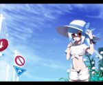  auer bili_bili_douga bili_girl_33 building casual eating flower food front-tie_top hat hat_ribbon letterboxed long_hair midriff navel no_symbol open_fly personification pole popsicle power_lines red_eyes ribbon road_sign side_ponytail sign sky solo straw_hat sun_hat tied_shirt unzipped watermark wire 