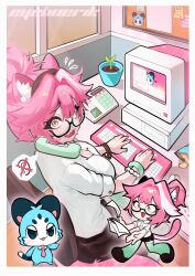  1girl animal_ears blush chair chattino_(raora_panthera) computer computer_keyboard crt desk ey3linr hair_intakes hashtag-only_commentary highres hololive hololive_english long_hair monitor multicolored_hair office office_chair panther_ears panther_girl panther_tail phone pink_hair plant potted_plant raora_panthera streaked_hair sweat swivel_chair tail thigh-highs virtual_youtuber yellow_eyes 
