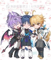  3boys 49ibo240 :d ^_^ aether_(as_heaven_and_earth_are_made_anew)_(genshin_impact) aether_(genshin_impact) ahoge animal_ears arm_hug artist_name black_boots black_bow black_bridal_gauntlets black_capelet black_gloves black_hair black_horns black_jacket black_sandals black_shirt black_shorts blonde_hair blue_cape blunt_ends blush boots bow bridal_gauntlets cape capelet cat_boy cat_ears cat_tail chibi choppy_bangs clenched_teeth closed_eyes closed_mouth coat collared_capelet collared_coat colored_eyelashes commentary crossed_bangs crown dog_boy dog_ears dog_tail dragon_boy dragon_horns dragon_tail dragon_wings durin_(genshin_impact) earrings eyeshadow fang fingerless_gloves floppy_ears flower genshin_impact gloves grey_pants hair_between_eyes happy heart highres horns jacket jewelry knee_boots lapels long_hair long_sleeves looking_at_another low_ponytail makeup male_focus medium_hair motion_lines multiple_boys official_alternate_costume open_clothes open_coat open_jacket open_mouth pants pom_pom_(clothes) ponytail purple_hair purple_sash purple_shirt red_eyeshadow rope sandals sash scaramouche_(genshin_impact) shirt short_hair short_sleeves shorts single_earring single_hair_intake sleeve_cuffs sleeveless sleeveless_shirt smile standing sweatdrop tail tail_wagging tassel teeth untranslatable_commentary v-shaped_eyebrows vambraces very_long_hair vest vision_(genshin_impact) wanderer_(genshin_impact) watermark white_background white_coat white_flower white_gloves white_jacket white_pants white_vest wings yellow_eyes 