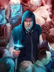  6+boys absurdres black_hair blue_eyes blue_hood brown_hair closed_mouth commentary drone english_commentary eve_online gabriel_cassata glowing glowing_eyes highres holding holding_staff hologram hood hood_up long_sleeves looking_at_viewer multiple_boys nose official_art people photoshop_(medium) pirate_faction_(eve_online) procreate_(medium) sansha's_nation_(eve_online) scar scar_across_eye scar_on_face short_hair solo_focus staff upper_body very_short_hair 
