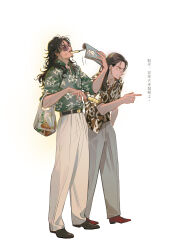  2boys bag belt black_belt black_hair black_shoes brown_shirt character_request chinese_text closed_mouth commentary_request facial_hair food food_in_mouth glasses goatee green_shirt grocery_bag highres holding holding_food holding_magazine holding_popsicle long_hair magazine_(object) male_focus melting_popsicle multiple_boys mustache noir_(ibaraki) pants patterned_clothing plastic_bag pointing pointing_forward popsicle popsicle_in_mouth red_shoes shirt shoes shopping_bag simple_background sleeves_rolled_up teeth tinted_eyewear translation_request twilight_of_the_warriors:_walled_in white_background white_pants 