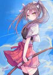  1girl absurdres blue_sky blush bow_(weapon) clouds cloudy_sky commentary_request day green_hair grey_hair hair_ribbon hakama hakama_skirt highres hizaka japanese_clothes kantai_collection long_hair looking_at_another one-hour_drawing_challenge outdoors ribbon skirt sky smile sunlight thigh-highs twintails weapon white_ribbon yellow_eyes zuikaku_(kancolle) 