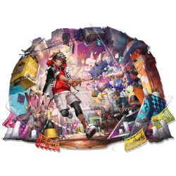  2girls animal_ears arknights bandaid baseball_bat black_hair black_jacket dark-skinned_male dark_skin demon_boy demon_horns demon_tail full_body graffiti highres holding hood hooded_jacket horns jacket male_focus multiple_boys multiple_girls odda_(arknights) odda_(candy_strike)_(arknights) official_alternate_costume official_art one_eye_closed red_eyes red_shirt scorpion5050 shirt shoes short_hair short_sleeves shorts sign skateboard smile tail third-party_source traffic_cone transparent_background white_shorts 