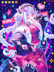  1girl absurdres asymmetrical_horns belt black_gloves black_thighhighs boots braid braided_twintails breasts butterfly-shaped_pupils checkered_clothes choker coat danmaku_comments diamond_(shape) diamond_facial_mark diamond_on_cheek donut_hair_bun emoji facial_mark fake_horns fingerless_gloves flower from_behind fur-trimmed_boots fur-trimmed_coat fur-trimmed_jacket fur_trim gloves grey_hair hair_bun hair_flower hair_intakes hair_ornament hand_on_own_hip hat hat_chain hat_ornament heart heart_facial_mark heart_print highres honkai:_star_rail honkai_(series) horns jacket jewelry leg_warmers long_hair looking_at_viewer looking_back mismatched_horns multicolored_hair necklace official_alternate_costume official_art_inset ojou-sama_pose one_eye_closed open_mouth pink_eyes pink_horns pink_tank_top plaid_background plaid_clothes plaid_shirt plaid_skirt purple_leg_warmers rabbit_hat_ornament red_eyes red_streaks shirt skirt smile solo sparkle_(honkai:_star_rail) sparxie_(ethereal_dance)_(honkai:_star_rail) sparxie_(honkai:_star_rail) streaked_hair suspenders symbol-shaped_pupils tank_top thigh-highs thigh_strap thumbs_up twin_braids very_long_hair viclim-monou white_hair 