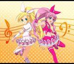  bass_clef blonde_hair blush boots bow brooch cure_melody cure_rhythm dress green_eyes heart houjou_hibiki jewelry long_hair magical_girl midriff minamino_kanade musical_note navel open_mouth pink_hair ponytail precure s-no skirt staff_(music) suite_precure thigh-highs thighhighs treble_clef twintails very_long_hair wrist_cuffs 