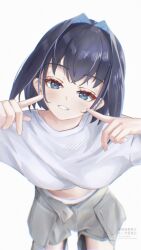  1girl absurdres alternate_costume blue_eyes blue_hair breasts chia-yu_huang commentary crop_top english_commentary fanged_bangs grey_shorts hair_intakes hand_up highres hololive hololive_english index_finger_raised leaning_forward long_sleeves looking_at_viewer ouro_kronii pov shirt shorts simple_background smile solo virtual_youtuber white_background white_shirt 