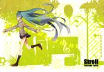  balloon blue_hair closed_eyes football green hatsune_miku highres musical_notes shoes skirt smile socks treble_clef twintails very_long_hair vocaloid walking 