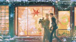  2boys animification aziraphale_(good_omens) bag black_jacket black_pants blue_eyes bottle christmas_ornaments christmas_tree coat crowley_(good_omens) from_side gift good_omens grocery_bag highres holding holding_bag holding_bottle jacket male_focus multiple_boys night noir_(ibaraki) open_clothes open_jacket outdoors pants paper_bag red_hair red_scarf scarf shopping_bag short_hair snowing vest waistcoat walking white_coat white_hair white_pants wine_bottle yellow_vest 