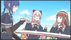  3girls arm_at_side assault_lily black_border black_bow black_capelet black_ribbon black_skirt blue_eyes blue_hair blue_sky blunt_bangs border bow braid bridal_gauntlets brown_bridal_gauntlets brown_hair capelet chair closed_eyes clouds commentary_request cropped_jacket cup day elbow_on_table endou_araya hair_bow hairpods half_up_braid hand_on_own_chin hands_up head_rest high-waist_skirt holding holding_cup horizon juliet_sleeves kaede_johan_nouvel kaswen long_hair long_sleeves looking_at_another low_ponytail multiple_girls neck_ribbon ocean on_chair outdoors parted_lips pink_hair ponytail puffy_sleeves ribbon school_uniform shirt side_braid sidelocks sitting skirt sky smile table tetsukawa_toa underbust upper_body very_long_hair white_shirt yurigaoka_girls_academy_school_uniform 