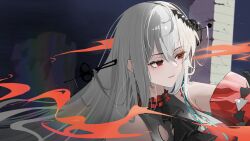  1girl absurdres albaaaqp arknights ascot bare_shoulders black_ascot breasts clothing_cutout detached_sleeves dress fish grey_hair hair_between_eyes hair_ornament hair_ribbon highres krita_(medium) light_particles long_hair long_sleeves medium_breasts off-shoulder_dress off_shoulder official_alternate_costume parted_lips pillar portrait red_dress red_eyes red_ribbon red_sleeves ribbon scenery skadi_(arknights) skadi_the_corrupting_heart_(arknights) solo tropical_fish very_long_hair 