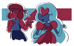  2girls :d afro blue_hair blue_skin butch/femme_couple colored_skin cowboy_shot dress gem gem_(steven_universe) gloves headband long_hair looking_at_another multiple_girls non-web_source open_mouth pointing pointing_at_another ray_geiger red_hair red_skin ruby_(steven_universe) sapphire_(steven_universe) short_hair simple_background smile steven_universe wife_and_wife yuri 
