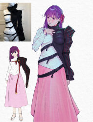  archery_shooting_glove asymmetrical_clothes asymmetrical_sleeves asymmetrical_sweater black_sleeves buckle clip_studio_paint_(medium) commentary english_commentary fate/hollow_ataraxia fate/stay_night fate_(series) gloves hair_ribbon highres long_hair long_skirt long_sleeves matou_sakura mismatched_sleeves paper_texture partially_fingerless_gloves photo-referenced photo_inset pink_skirt purple_hair purplerider red_ribbon reference_inset reference_photo ribbon shirt single_sleeve skirt strap sweat sweater turtleneck uneven_sleeves vertical-striped_sleeves violet_eyes white_background white_shirt yugake 