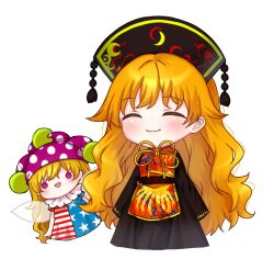  2girls american_flag_dress black_dress black_hat blonde_hair blush closed_eyes closed_mouth clownpiece crescent_print dalachi_(headdress) dress facing_viewer fairy_wings flag_print hat highres jester_cap junko_(touhou) long_hair long_sleeves mochigumo multiple_girls neck_ribbon neck_ruff open_mouth orange_hair phoenix_print pink_eyes polka_dot polka_dot_headwear purple_hat red_tabard ribbon short_sleeves smile speech_bubble star_(symbol) star_print striped_clothes striped_dress tabard touhou very_long_hair wide_sleeves wings yellow_ribbon 