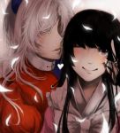  bad_id black_hair bust closed_eyes coli collie eyelashes eyes_closed face feathers hand_in_hair heart houraisan_kaguya lips long_hair multiple_girls petals smile touhou white_hair wink yagokoro_eirin yuri 