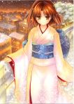  brown_eyes brown_hair guard_rail japanese_clothes kara_no_kyoukai kimono obi ryougi_shiki shinonome86 smile snow solo 