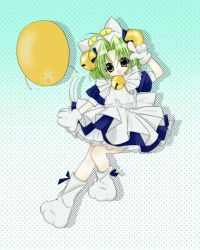  1girl 2000s_(style) animal_ears animal_hat antenna_hair apron bell bow cat_ears cat_hat cat_tail commentary dejiko di_gi_charat dress faux_retro_artstyle full_body gema green_eyes green_hair hair_bell hair_ornament hat jingle_bell koge_donbo_(style) looking_at_viewer mittens neck_bell official_style open_mouth parted_bangs paw_shoes rin_(mure030) short_hair short_sleeves smile solo_focus tail tail_bow tail_ornament white_mittens 