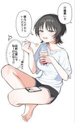  1girl akagi_natsuichi barefoot black_eyes black_hair blush commentary_request highres instant_noodles nissin_cup_noodle open_mouth original shirt short_hair short_sleeves shorts sitting solo white_background white_shirt 
