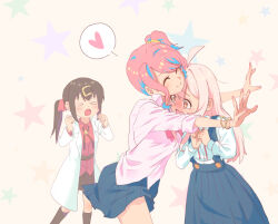 >_< 3girls ^_^ ahoge black_hair black_ribbon black_skirt blue_skirt blush bracelet clenched_hands closed_eyes closed_mouth coat commentary_request gyaru hair_ornament hair_scrunchie hands_up heart hozuki_kaede hug jaeyun5407 jewelry kogal korean_commentary lab_coat layered_sleeves long_hair long_skirt long_sleeves miniskirt multicolored_hair multiple_girls neck_ribbon nose_blush one_side_up onii-chan_wa_oshimai! open_clothes open_coat open_mouth oyama_mahiro oyama_mihari parted_bangs pink_eyes pink_hair pink_shirt pleated_skirt ribbon school_uniform scrunchie shirt short_hair skirt sleeves_rolled_up smile speech_bubble split_mouth spoken_heart star_(symbol) star_symbol_background straight_hair streaked_hair surprise_hug surprised suspender_skirt suspenders white_coat white_shirt yellow_background yellow_scrunchie yuri 
