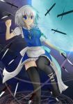  bad_id blue_eyes braid full_moon highres izayoi_sakuya knife magic_circle moon no_panties silver_hair solo thigh-highs thighhighs throwing_knife toranashi touhou weapon 