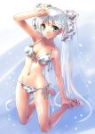  bikini face front-tie_top green_eyes hair_ribbon high_heels katahira_masashi long_hair navel original ribbon shiny shiny_skin shoes side-tie_bikini silver_hair smile solo swimsuit twintails very_long_hair white_hair 