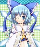  aikawa_ryou alternate_costume blue_eyes blue_hair bow cirno cosplay detached_sleeves fairy hair_bow hakurei_reimu hakurei_reimu_(cosplay) highres japanese_clothes midriff miko smile solo touhou wings wink 