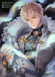  1boy artist_name bags_under_eyes belt black_background black_gloves blonde_hair bracelet bridal_gauntlets commentary_request covered_pectorals forehead fur-trimmed_robe fur_trim gem gloves glowing hadanugi_dousa jewelry joshua_drac large_pectorals long_sleeves looking_down male_focus muscular muscular_male nu_carnival official_alternate_costume orange_eyes parted_bangs pectorals quincy_(nu_carnival) quincy_(snow_patrol)_(nu_carnival) robe rope_belt short_hair simple_background taut_clothes tight_clothes yellow_gem 